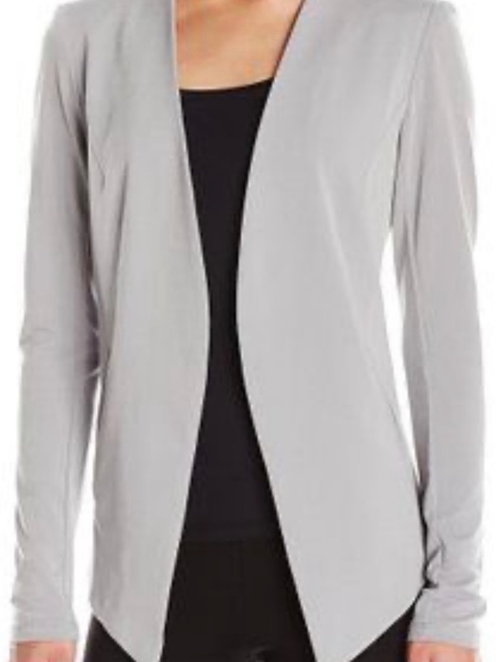 BCBG Light Gray Open Front Women's collarless open front tuxedo blazer.